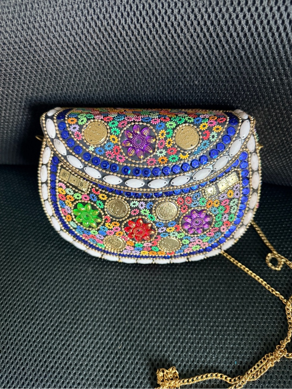 Metal Embellished Multicolor Floral Coin Clutch Purse Bag
